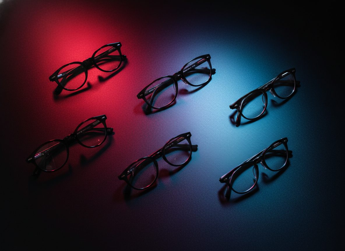 Editorial flat-lay of dark designer frames lit by neon accents.