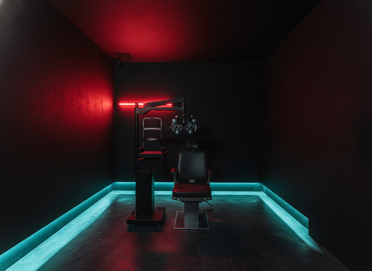 Hot Optic interior — black architectural exam space with crimson and cyan accent lighting.