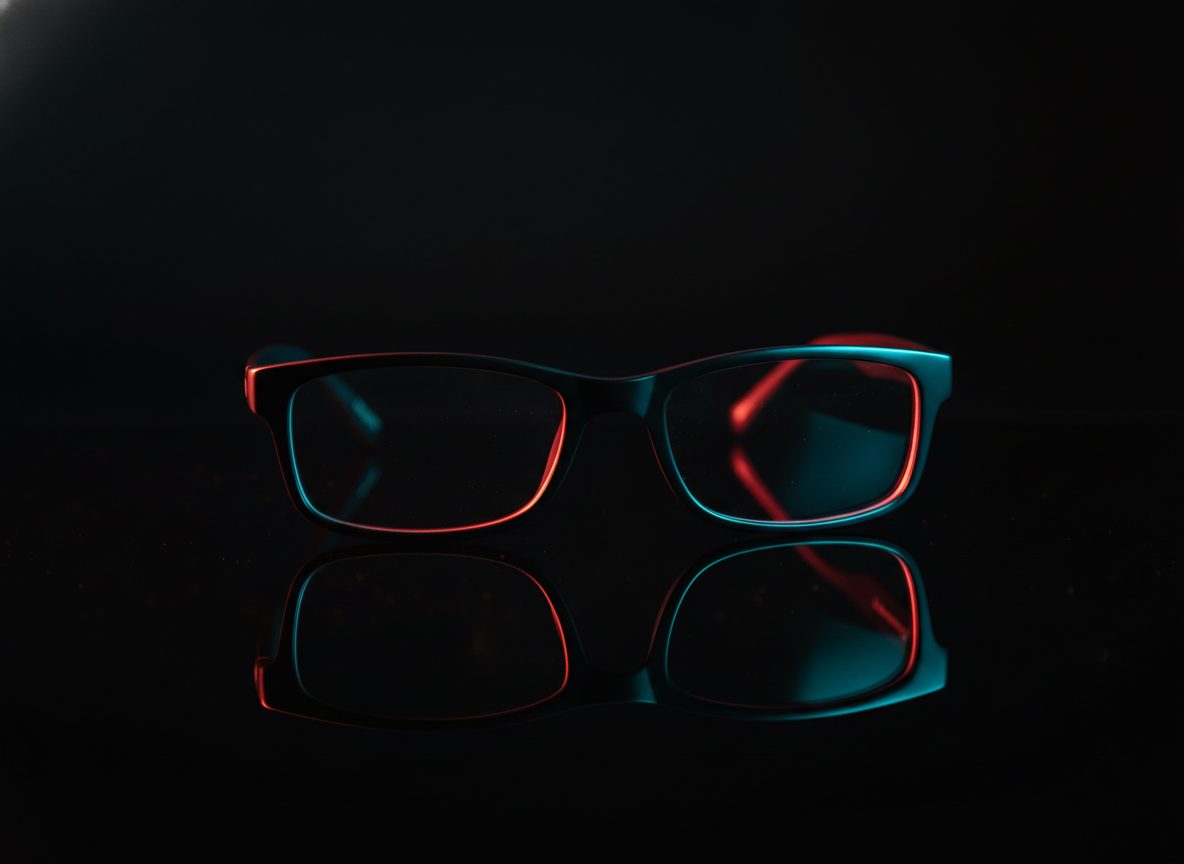 Dramatic display of dark designer eyeglass frames with red and cyan lighting.