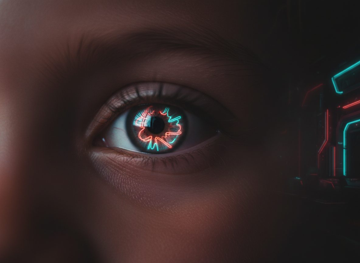 Stylized close-up of a child's eye with soft neon highlights.