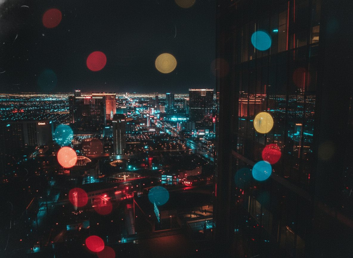 Las Vegas skyline at night seen through an optical lens, neon-soaked.